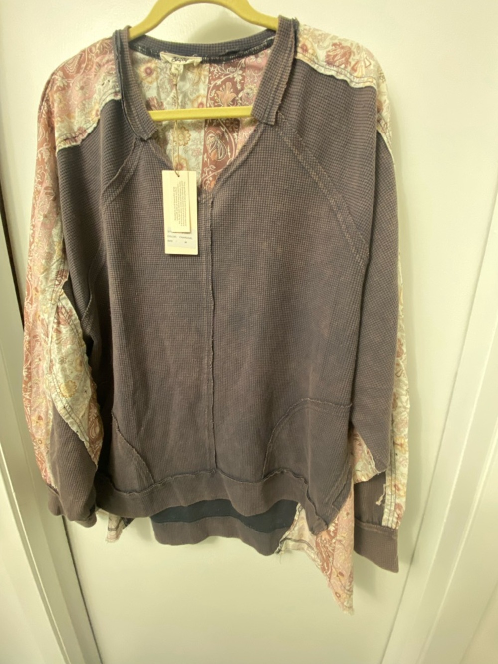 Blue velvet oversized Boho taupe Waffle Knit Pullover with Paisley trim